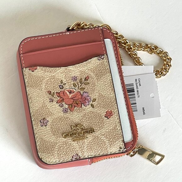 Coach Pink Floral Zip Card Case CAU45 ID Wallet Beige Leather Chain Strap ORGPKG - Picture 4 of 7
